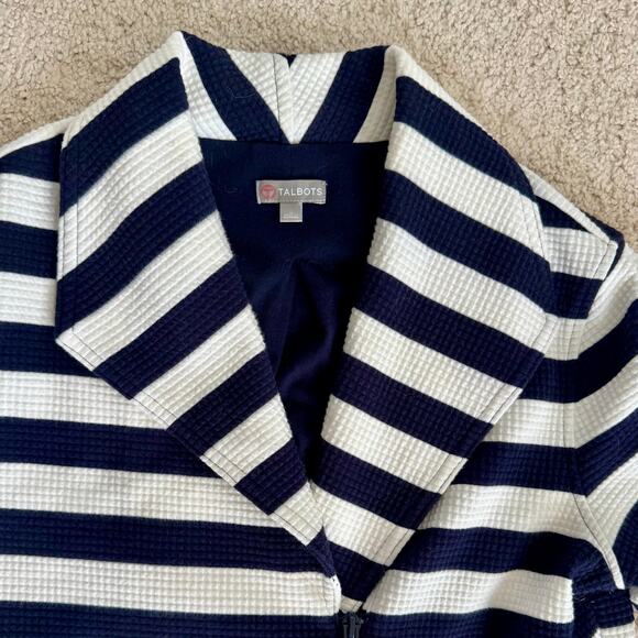 T Talbots Navy White Striped Preppy Nautical Asymmetrical Zip Moto Jacket Small - Picture 4 of 13